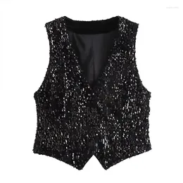 Women's Tanks Sequins Tight Vest 2024 Spring Casual Fashion Versatile Party Glitter Waistcoat Black Sexy Tops