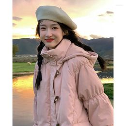 Women's Trench Coats Down Padded Women 2024 Solid Color Pink Hooded Sweet Girl Horn Buckle Coat Ropa Invierno Mujer Thick Winter Clothes