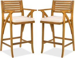 Camp Furniture Set Of 2 Outdoor Acacia Wood Bar Stools Chairs For Patio Pool Garden W/Weather-Resistant Cushions - Teak Finish