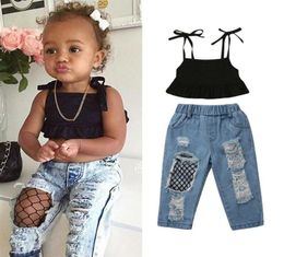 2021 New Fashion Toddler Kids Baby Girl Strap Vest Tops Fishnet Ripped Denim Pant Jeans 2PCS Outfits Children Girls Clothing Set235334201