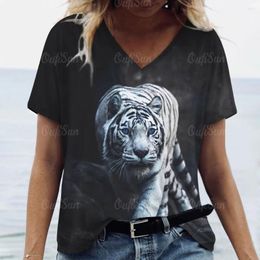 Women's T Shirts Summer S Fierce Tiger Print Tops Street Loose Casual Short-Sleeved Tees Oversized V-Neck 5xl