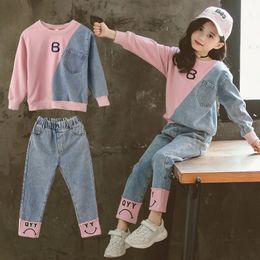 Spring Autumn Patchwork Kids Tracksuit Contrast Girls SweatshirtDenim Pant Sets Children 2 Pieces Outfits Hoodie Set 3-16 Years 240122
