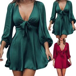 Casual Dresses Ladies Solid Color Deep V Tie 7 Point Sleeve Straight Dress Flowing Size Large For Women