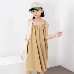 Girl Dresses Simple Solid 4-12 Years Old Kids Summer Dress Khaki Ruched Elastic Strap Loose A-Line Breathable Cotton Vestido Children