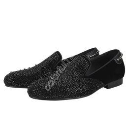 Black Velvet With Handmade Crystals And Spikes Men's Loafers PP Same Design Slip-On Flats Stylish Purple Satin Lining