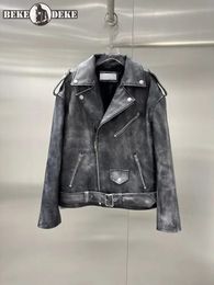 Vintage Women Punk Moto Biker Genuine Leather Jacket Zipper Lapel Loose Fit High Quality Cowhide Short Coat Customised 20 Days 240129