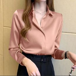 Satin Women Shirt Vintage Long Sleeve Blouse Silk Elegant Womens Tops Commuting Luxury White Autumn Female Clothing 240130