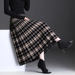 FairyShely Pleated Knitted Skirt For Women Autumn Winter Warm High Waist Long Skirts Ladies Plus Size Black A-line Skirt 240202