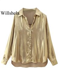 Willshela Women Fashion Metallic Golden Single Breasted Blouse Vintage Lapel Neck Long Sleeves Female Chic Lady Shirts 240130