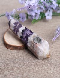 Pouch HJT Whole women modern custom smoking pipes natural Dream Amethyst CRYSTAL quartz Tobacco Pipes healing Hand Pipes6764593