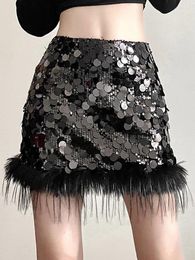 Skirts Sequined A-Line Mini Skirt For Women Clothing High Waist Faldones Para Mujer Y2k Slim Sexy Streetwear Feather Fashion Outfits