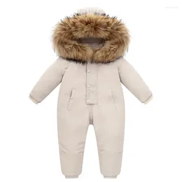 Down Coat 2024 Winter Kids Boys Jumpsuit -30 Degree Zipper Hoodie Thick Romper Waterproof Real Fur Overalls Children Baby Snowsuit