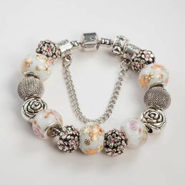 Charm Bracelets ANNAPAER Grade Fashion High Quality White Flower Glass Beads Antique Silver Color & Bangles B15241