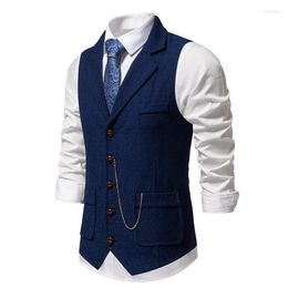 Men's Vests Mens Herringbone Tweed Suit Vest Turn Down Collar Wool Blend Waistcoat Men Formal Business Chain Chaleco Hombre XXL