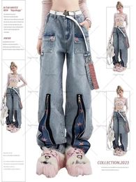 Women's Jeans Oversized High Waist Star Print Stitching Women 2024 Large Size Fat MM American Style Street Tooling Wide Leg Pants