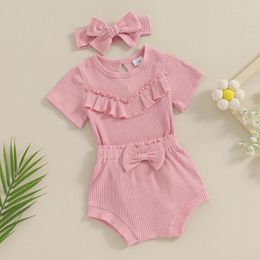 Clothing Sets Toddler Baby Girls Summer Outfits Solid Colour Rib Ruffles Short Sleeve Rompers High Waist Shorts Headband 3pcs Clothes