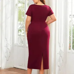 Casual Dresses Lightweight Hip-hugging Dress Short Sleeve Elegant Plus Size V Neck Belted Midi For Women Mid-calf