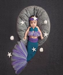 2019new Baby Girl Knitted Mermaid Costumes Tutu Mesh Lace Mermaid Tail Clothing Newborn Bebe Pography Props Starfish HeadbandMX4888563