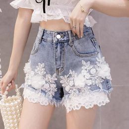 Women's Shorts 2024 Summer High-waist Loose-fitting Wide-leg Sweet Light Blue Women Embroidered Flowers Sexy Denim