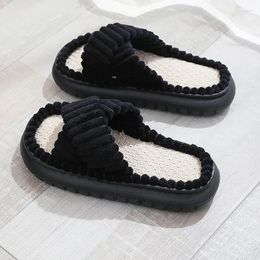 Slippers A309ZXWAutumn Winter Women Home Open-Toe Cross Band Linen Soled Indoor Slides Non-Slip Bathroom Slipper