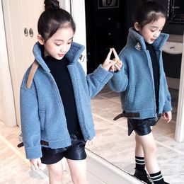 Down Coat Girls Fall Winter Plushed & Thickened Jacket Kids Lamb Velvet Garments Children's PU Leather Spliced Outerwear Clothes P225