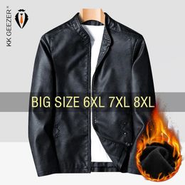 Leather Jacket Men Bomber Retro Fleece Black Motorcycle Jackets Plus Size 6XL 7XL 8XL Coats Flannel Warm Comfort High Quality 240202