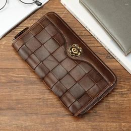 Wallets Luxury Top Layer Cowhide Woven Unisex Wallet Business Zipper Clutch Fashion Long Leather Couples Handbag High Quality Design