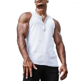 Men's Tank Tops Men Vest O-Neck Sleeveless Buttons Half Placket Ribbed Slim Fitness Top Streetwear