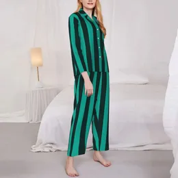 Women's Sleepwear Pyjamas Women Green Vertical Striped Home Black Lines 2 Pieces Casual Loose Pyjama Sets Long Sleeve Warm Suit