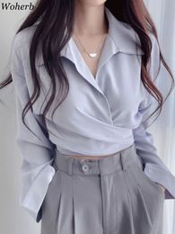 Woherb Sexy Crop Tops Fashion Blouse Women Bandage Long Sleeve Shirt Korean Y2k Clothes White Blouses Blusas Mujer De Moda 240202