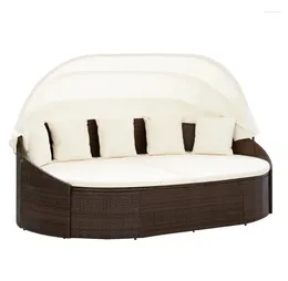 Camp Furniture Outdoor Patio Round Daybed With Retractable Canopy Brown Wicker Washable Cushions For Backyard Porch Pool