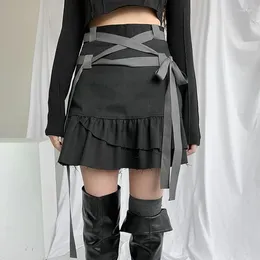 Skirts 2024 High Waist Gothic Women's Casual Y2k Bandage Spring And Summer Belt Hip Cute Fashion Ruffle Skirt Midi Short