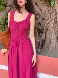 Casual Dresses French Vintage Rose Red Dress For Women U Neck Sleeveless Elastic Waist A Line Loose Summer 2024 Midi