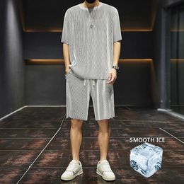 5XL Large Men's Sports Suit Korean High Street Fashion Tshirt Shorts ice silk Summer Set Men Retro Neck Clothes Men 240118