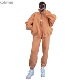 Women's Two Piece Pants 2024 Womens Two Piece Outfits Set Long Sleeve Stand Collar Zip Up Sweatshirt and Pants Set Active Wear Warm Thick Sports Suit YQ240214