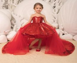 Sparkle Sequins Little Girls Pageant Dresses Removable Tulle Train Hi Lo Kids Christmas Birthday Party Gowns with Bow Custom2634902