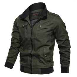 Hunting Jackets Military Jacket Casual Solid Colour Zipper Pocket Stand Up Collar Large Coat Men's Pure Cotton Thin Autumn Top