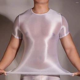 Bras Sets Mens Shiny Oil Glossy T-Shirt Short Sleeve Smooth Nightwear Sexy Sheer See Through Tops Seductive Tight Underwear Clubwear