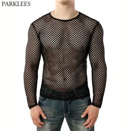 Mens Transparent Sexy Mesh T Shirt See Through Fishnet Long Sleeve Muscle Undershirts Nightclub Party Perform Top Tees 240119