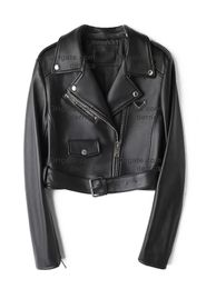 women Biker Leather Jacket Coat woman Cowhide Slim Fit Short Triangle brand real letters Motorcycle Coats Femal Top D131