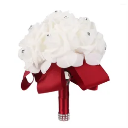 Decorative Flowers Wine Red Artificial Fake Flower Bridal Bouquet Rhinestone Wedding Party Home Floral Decoration