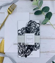 Unique Black Bloom laser cut wedding invitations With Glitter Silver Belly Band Lace Wedding Invites Design4691659