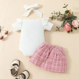 Clothing Sets Infant Baby Girls Romper Dress Ruffles Short Sleeve Jumpsuits Plaid Skirts Hem Bodysuits Headband