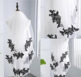 New Arrival Two Layers Fingertip Wedding Veils Black Applique Edge Cheap Tulle Bridal Veil For Bride Veil With Comb1559429