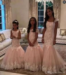 Blush Pink Lace Mermaid Girls Pageant Dresses With Cap Sleeves Long Flower Girls Dress For Weddings Zipper Back Kids8876854