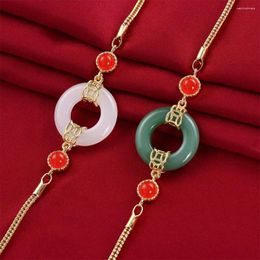 Charm Bracelets Steel Gold Color Chain Imitation Jade Handmade Jewelry Apparel Accessories Women Bracelet Korean Style Retro