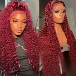 136 134 HD Deep Wave Lace Frontal Wig Colored Burgundy Front Brazilian Red 99J Curly Human Hair Wigs 240127