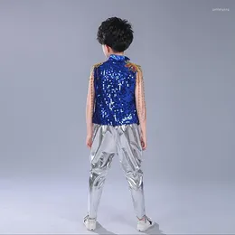 Stage Wear Kids Sequined Hop Outfits Girls Jazz Tap Dancing Tops Pants Boy Child Dance Ballroom Party Dancewear Costumes