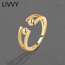 Cluster Rings LIVVY Silver Colour Simple Creative Double Ball Beads Open Adjustable Ring For Women Trends Fashion Jewellery Party Gift