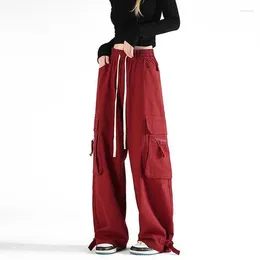 Women's Pants American Style Red Wide Leg Cargo Men & Women High Street Straped Pockets Hiphop Straight Casual Trousers